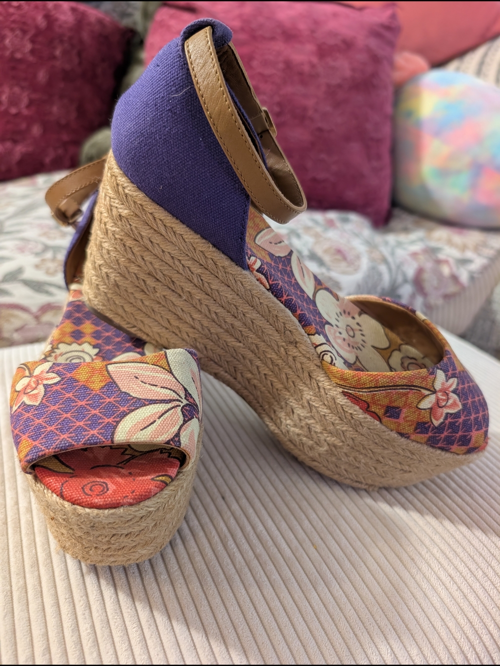 Tory Burch Sheri Wedge Platform Espadrille Sandals in Purple & Pink Floral 7M